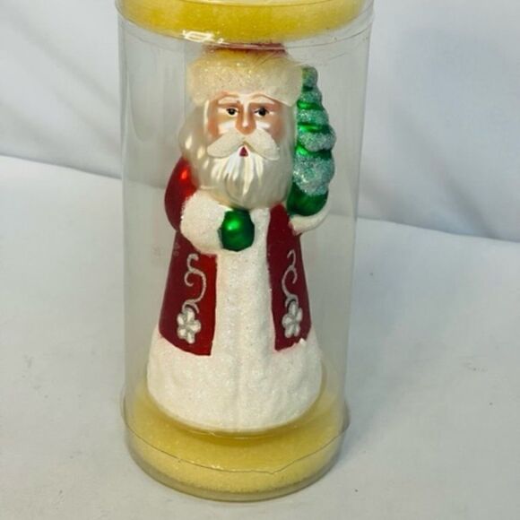 Santa St. Nick Red Coat Holding Tree Mica Glitter Glass Christmas Ornament 6" Ex - Picture 1 of 5